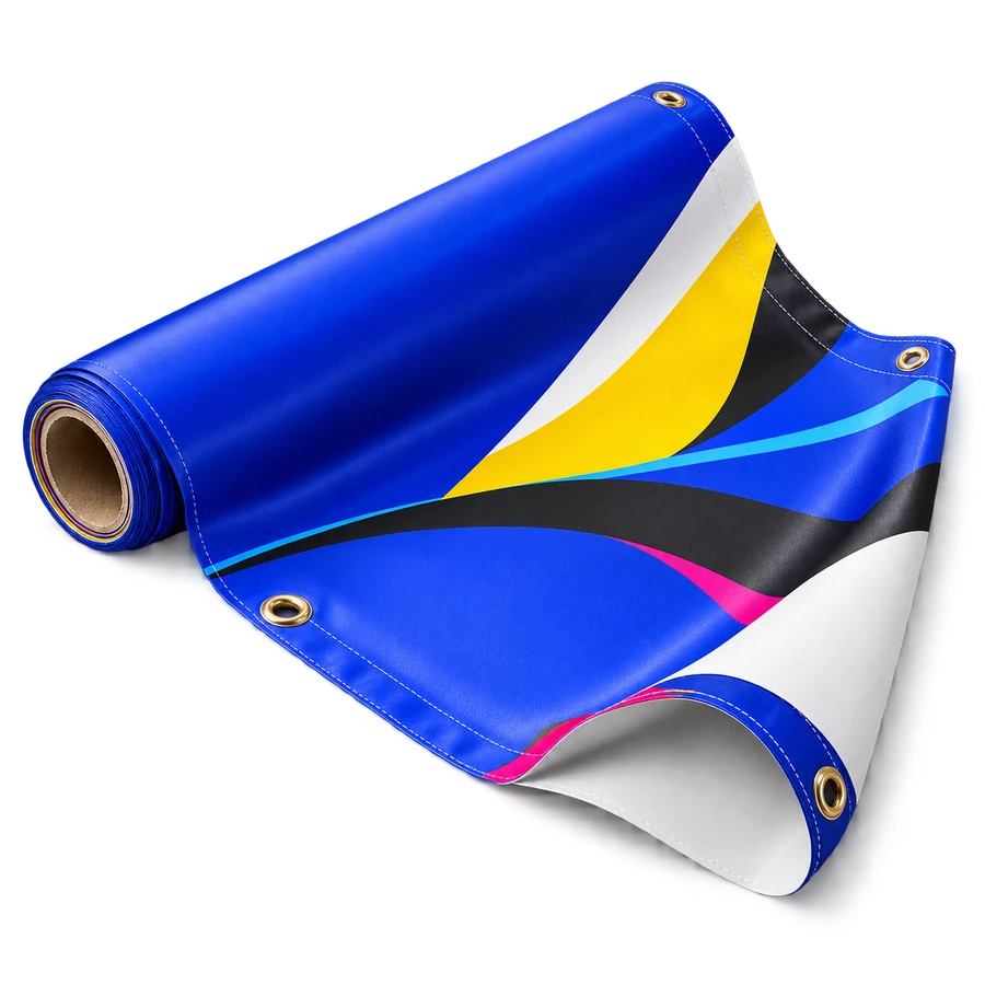 A partially unrolled vinyl banner