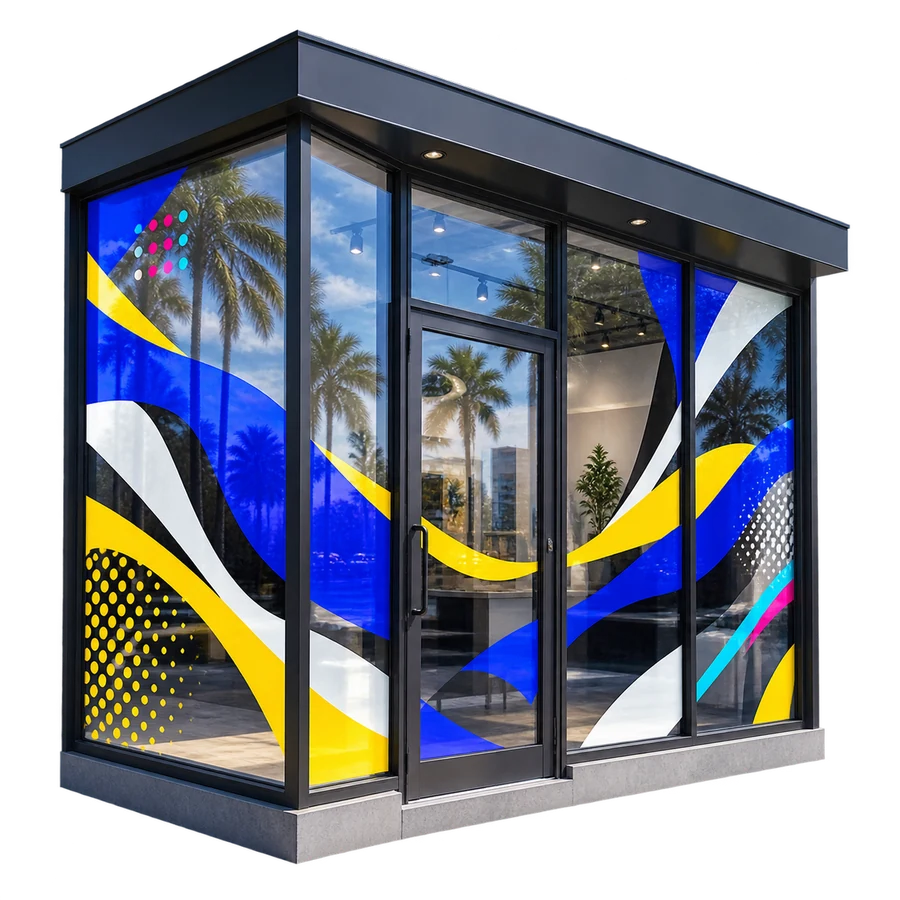 A storefront with installed window graphics